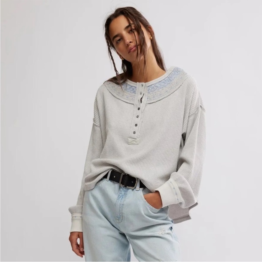 Free People Holly Henley Long Sleeve Waffle Knit Embroidered Top Sz large